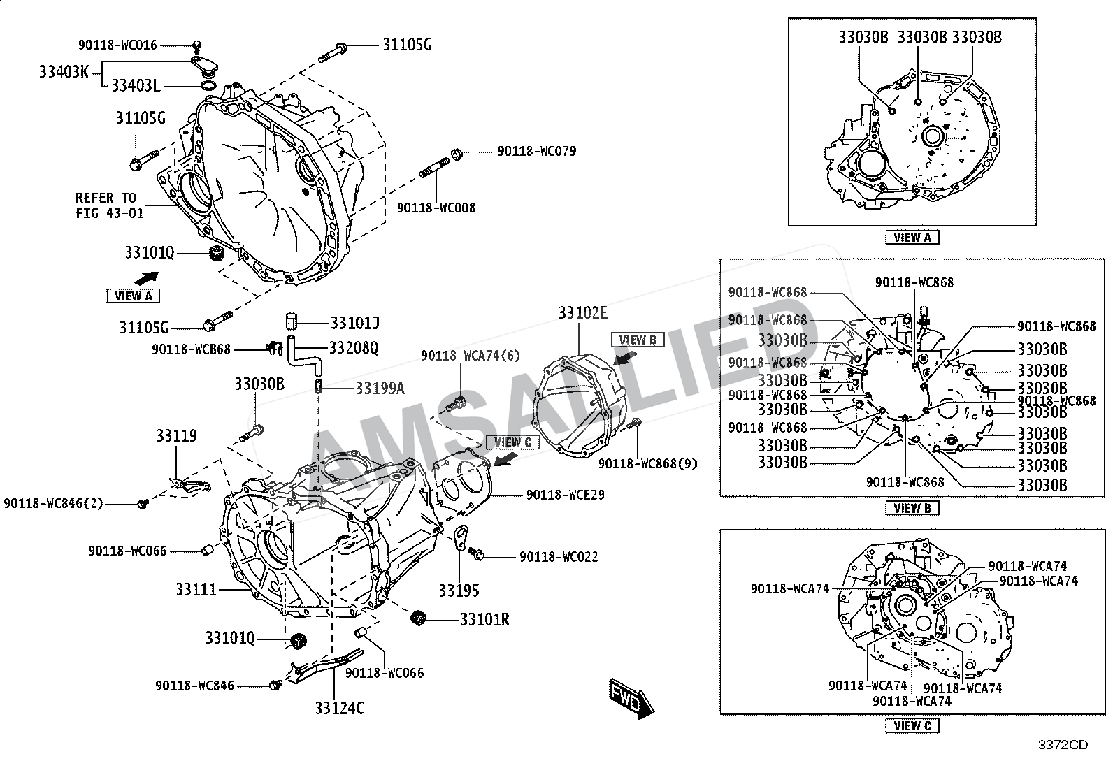 Toyota Hyryder Clutch Housing & Transmission Case (mtm) exploded parts diagram, figure 3302