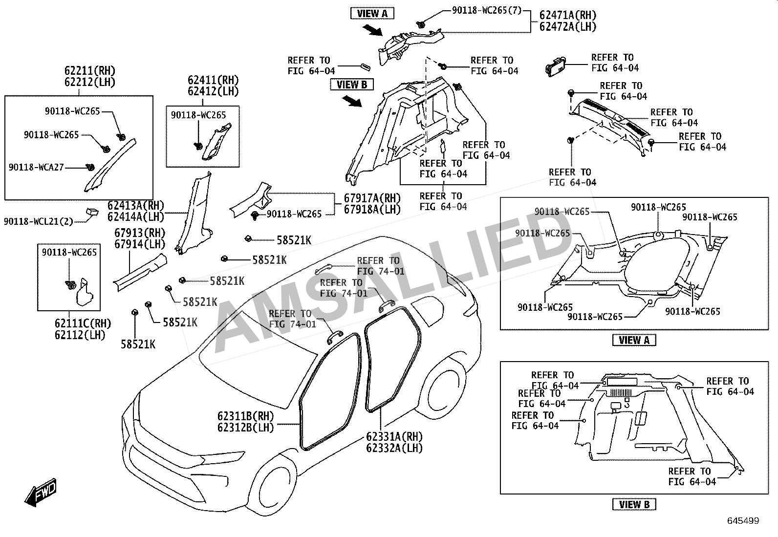Toyota Hyryder Inside Trim Board & Door Opening Trim Moulding exploded parts diagram, figure 6401