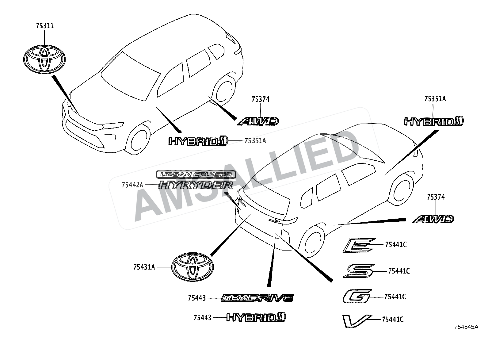 Toyota Hyryder Emblem & Name Plate (exterior & Interior) exploded parts diagram, figure 7501