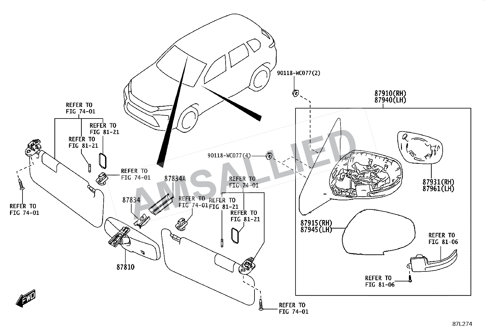 Toyota Hyryder Mirror exploded parts diagram, figure 8701