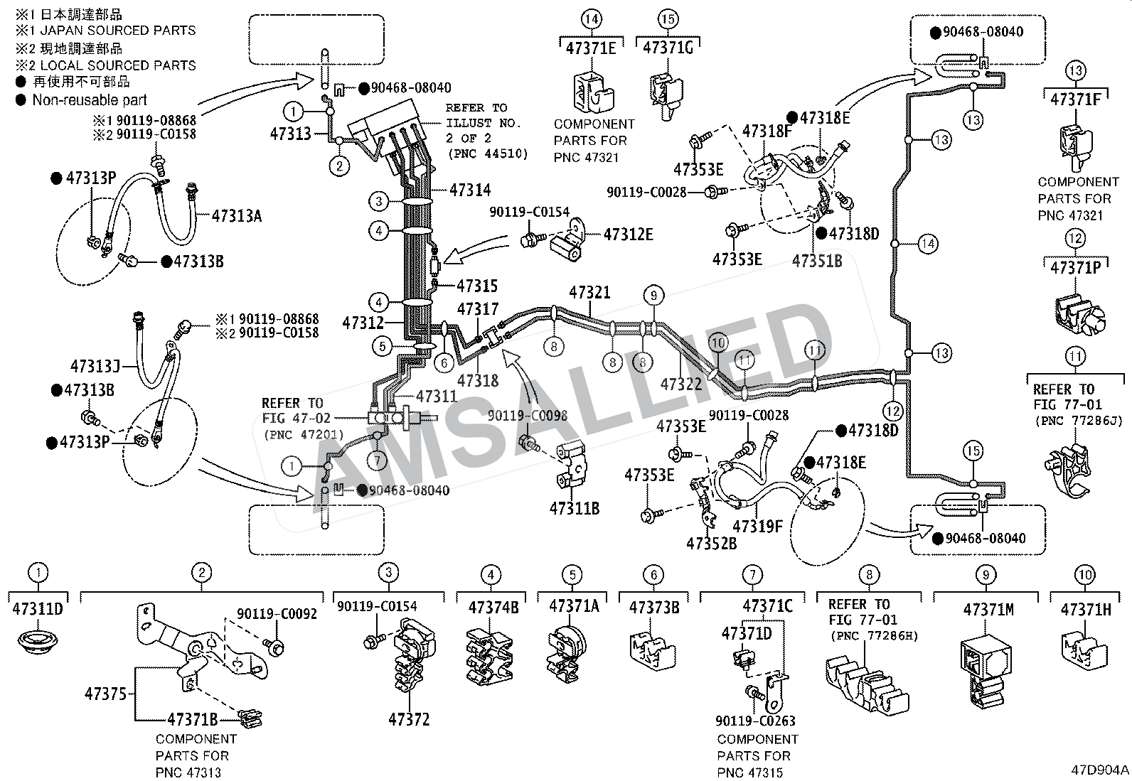 Toyota Hyryder Brake Tube & Clamp exploded parts diagram, figure 4708
