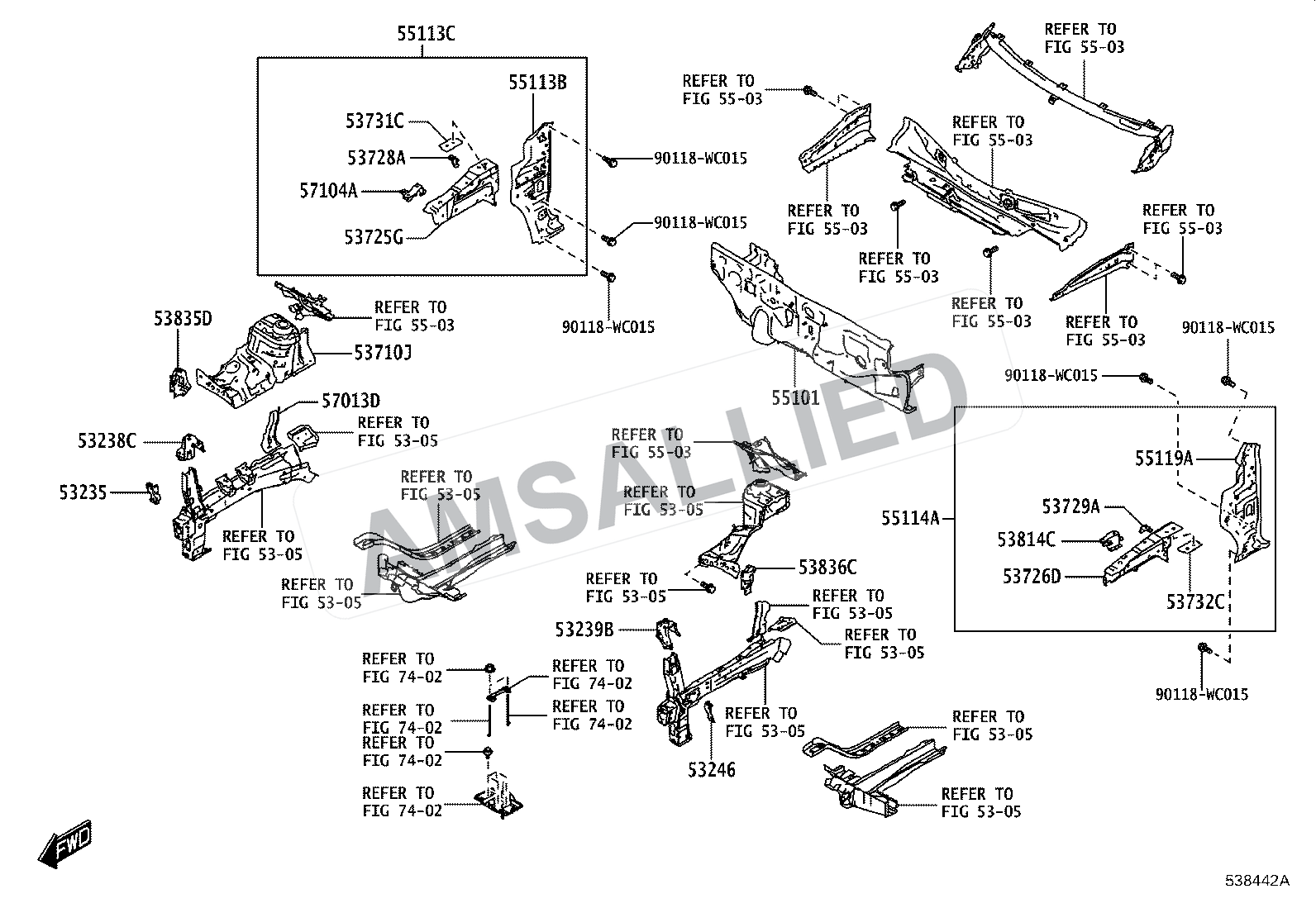 Toyota Hyryder Front Fender Apron & Dash Panel exploded parts diagram, figure 5304