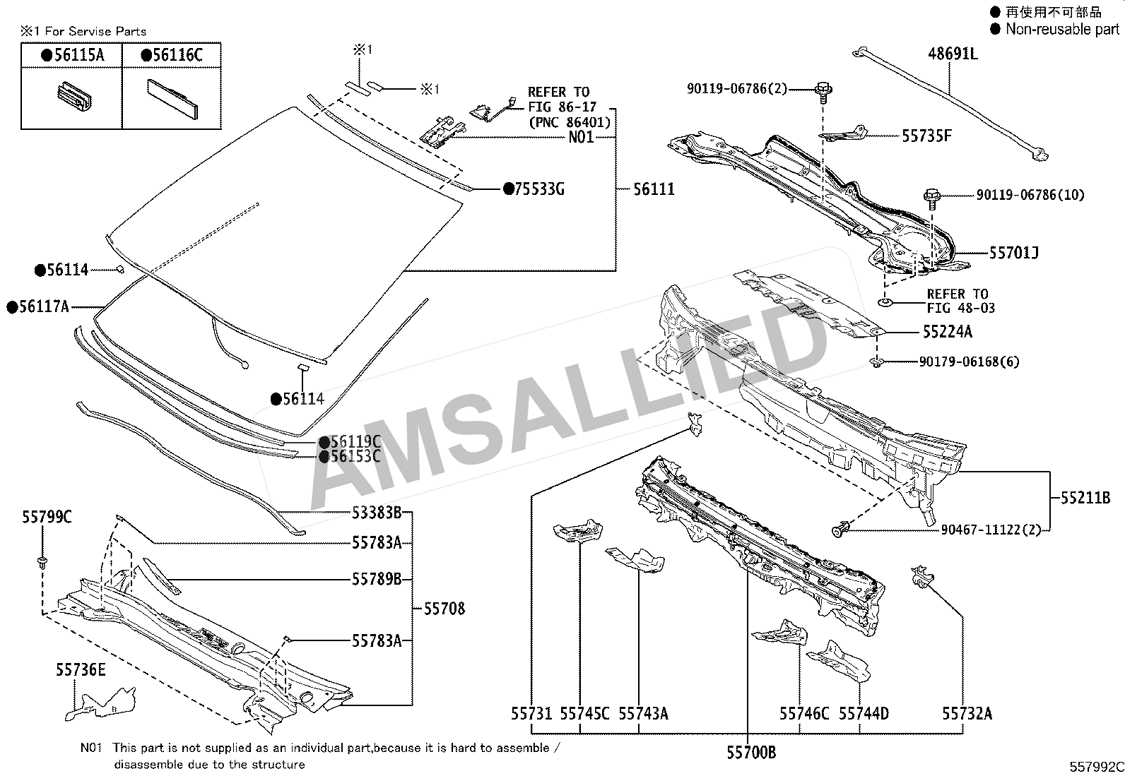 Toyota Hyryder Cowl Panel & Windshield Glass exploded parts diagram, figure 5503