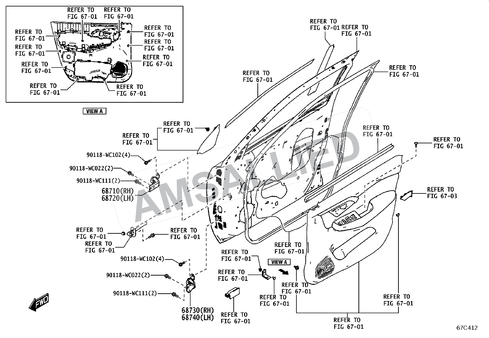 Toyota Hyryder Front Door Window Regulator & Hinge exploded parts diagram, figure 6704