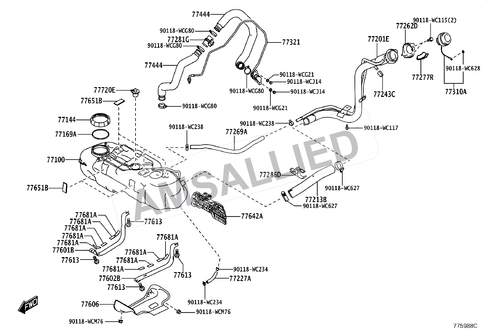 Toyota Hyryder Fuel Tank & Tube exploded parts diagram, figure 7701