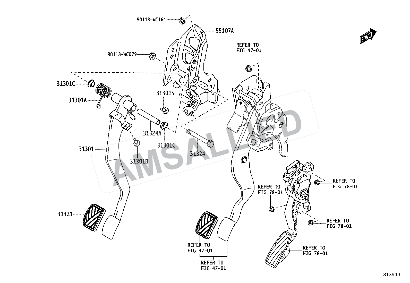 Toyota Hyryder Clutch Pedal & Flexible Hose exploded parts diagram, figure 3102
