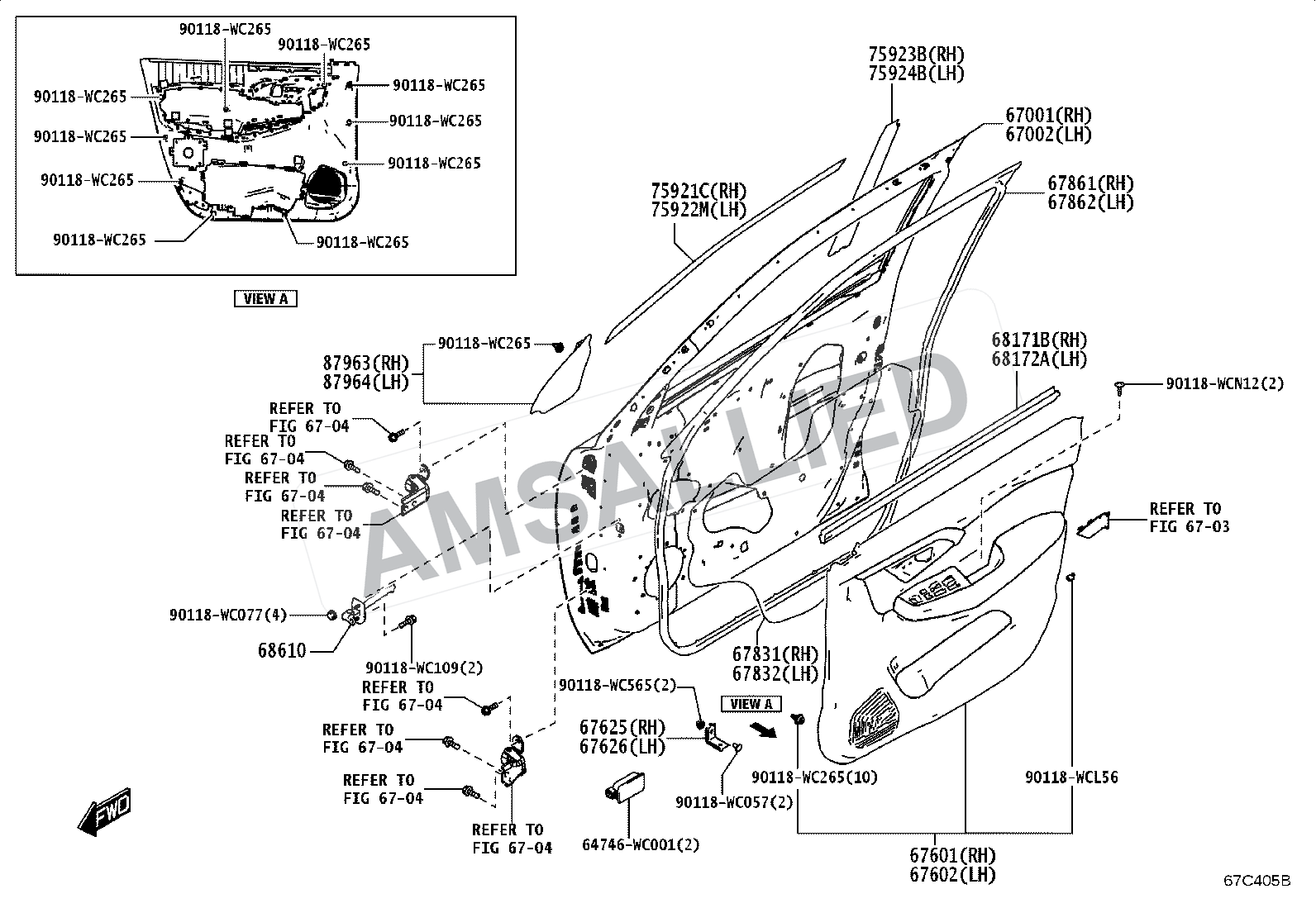Toyota Hyryder Front Door Panel & Glass exploded parts diagram, figure 6701