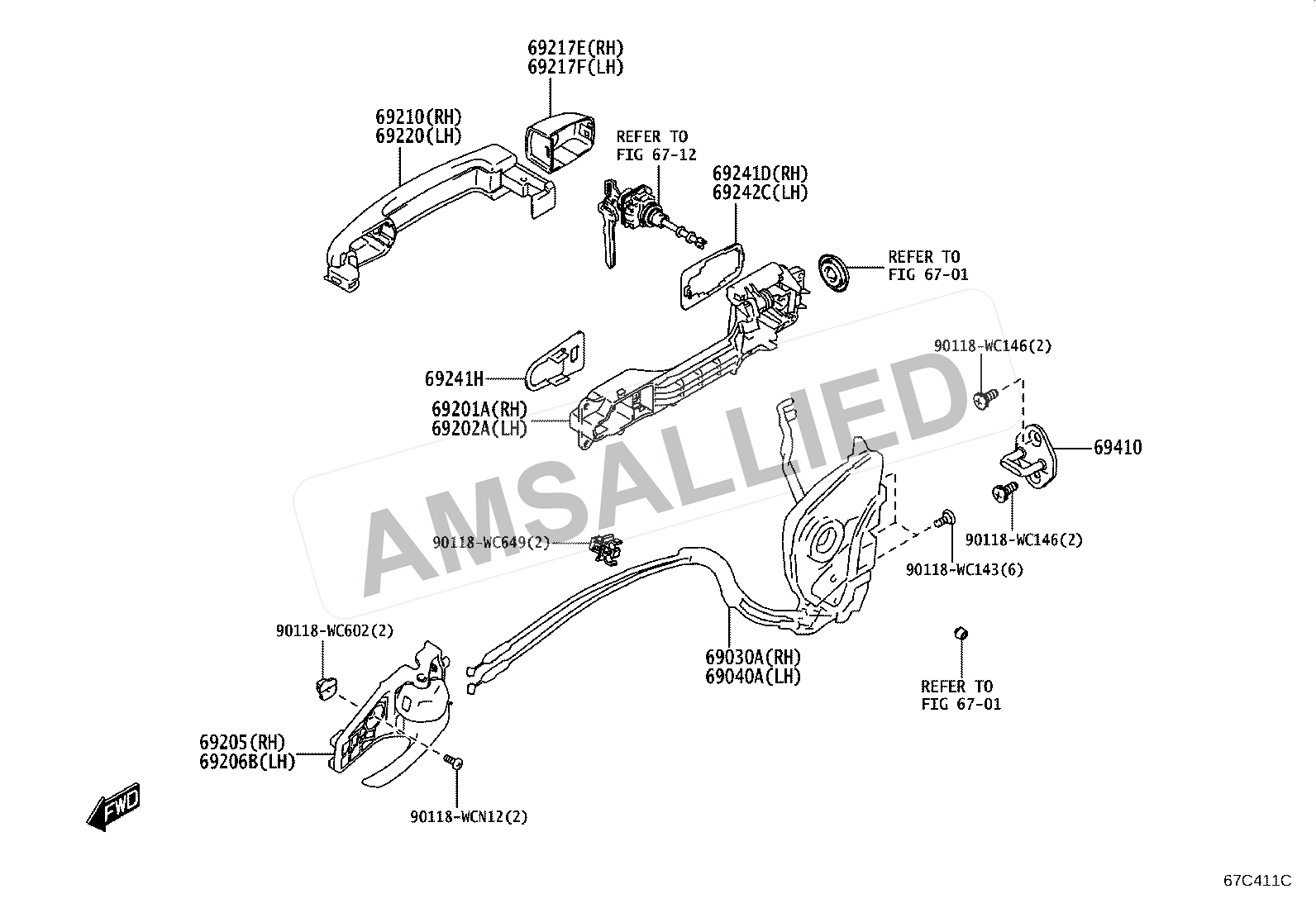 Toyota Hyryder Front Door Lock & Handle exploded parts diagram, figure 6703
