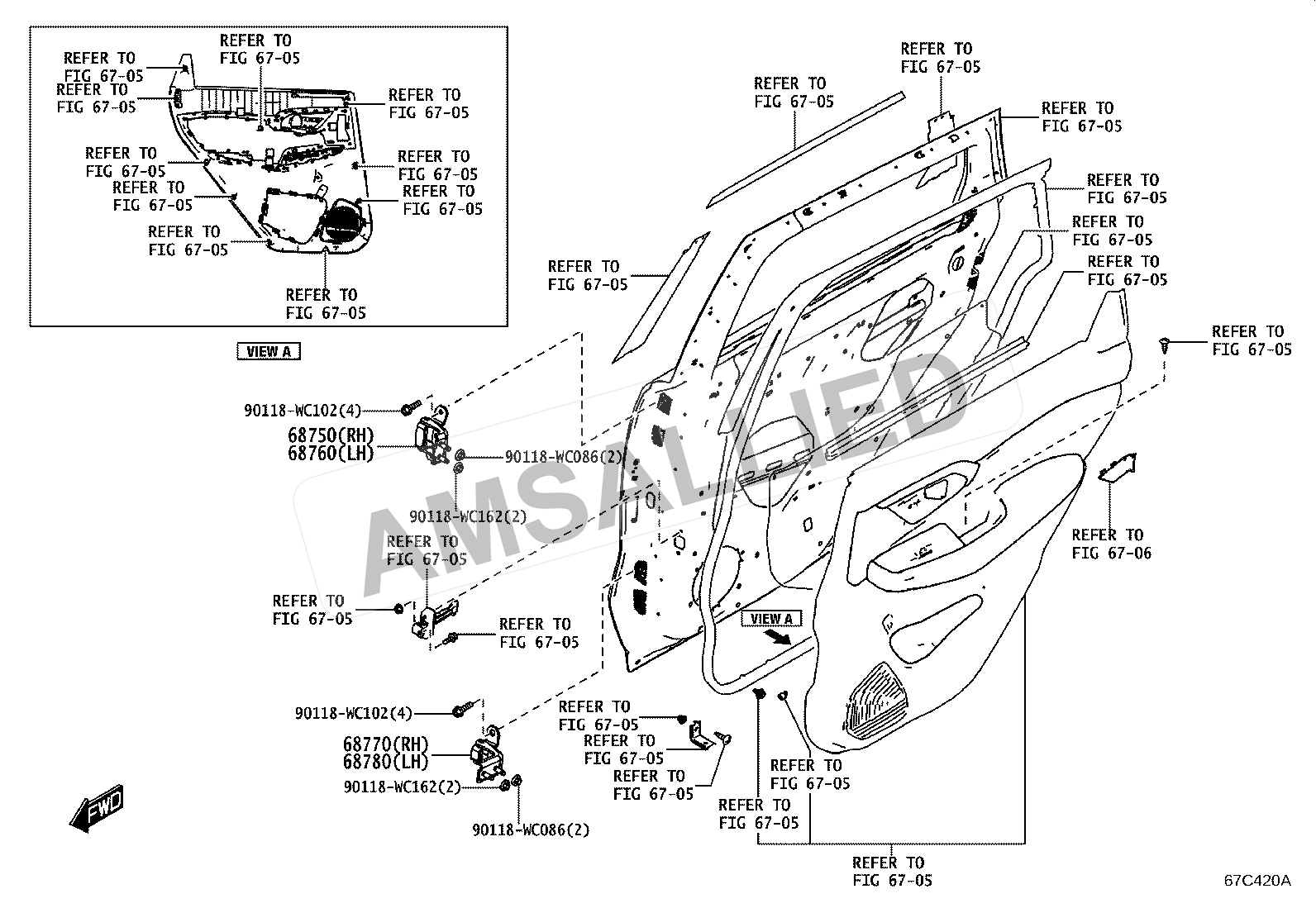 Toyota Hyryder Rear Door Window Regulator & Hinge exploded parts diagram, figure 6707