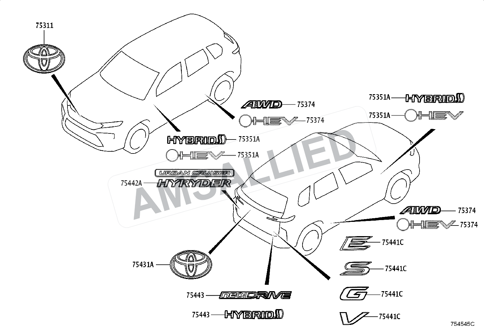 Toyota Hyryder Emblem & Name Plate (exterior & Interior) exploded parts diagram, figure 7501