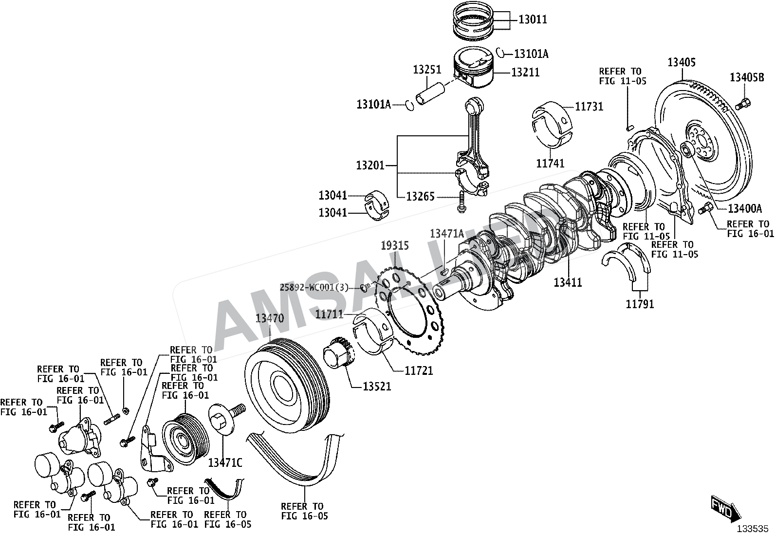 Toyota Rumion Crankshaft & Piston exploded parts diagram, figure 1301