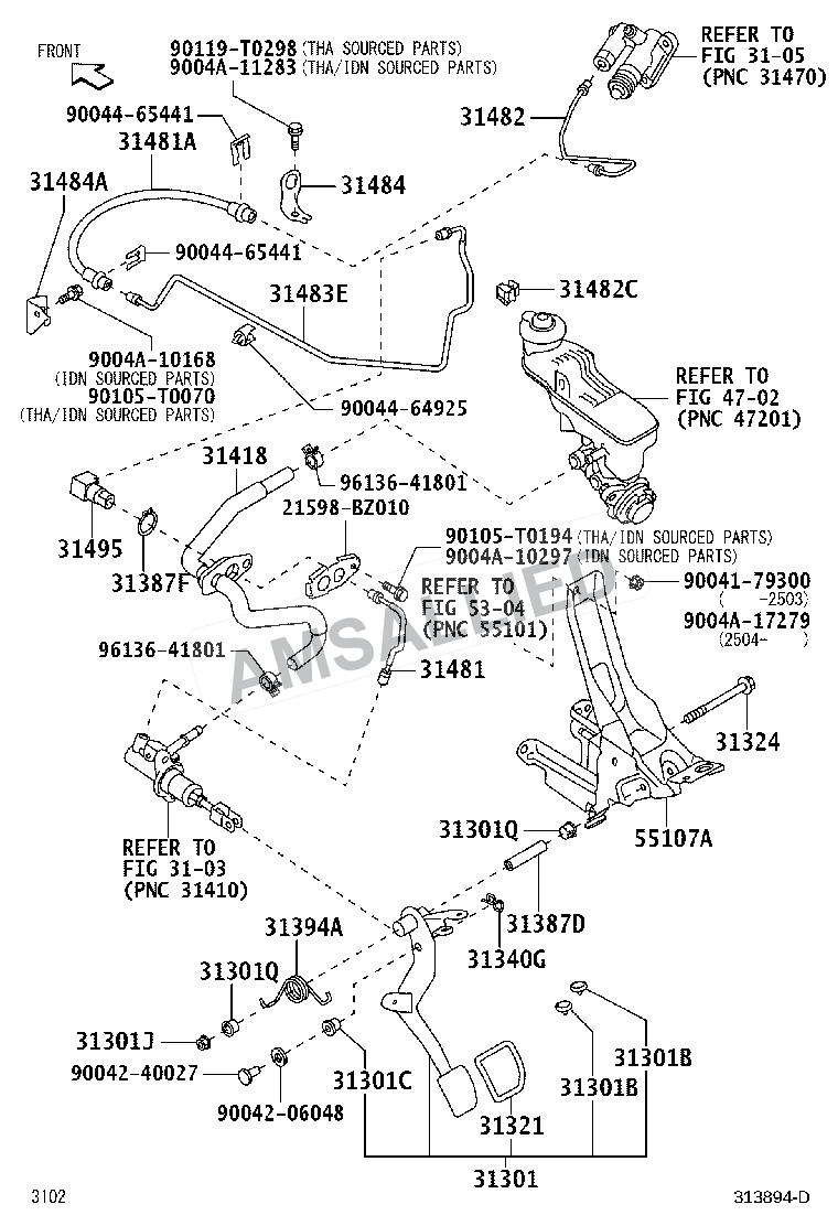 Toyota Rumion Clutch Pedal & Flexible Hose exploded parts diagram, figure 3102