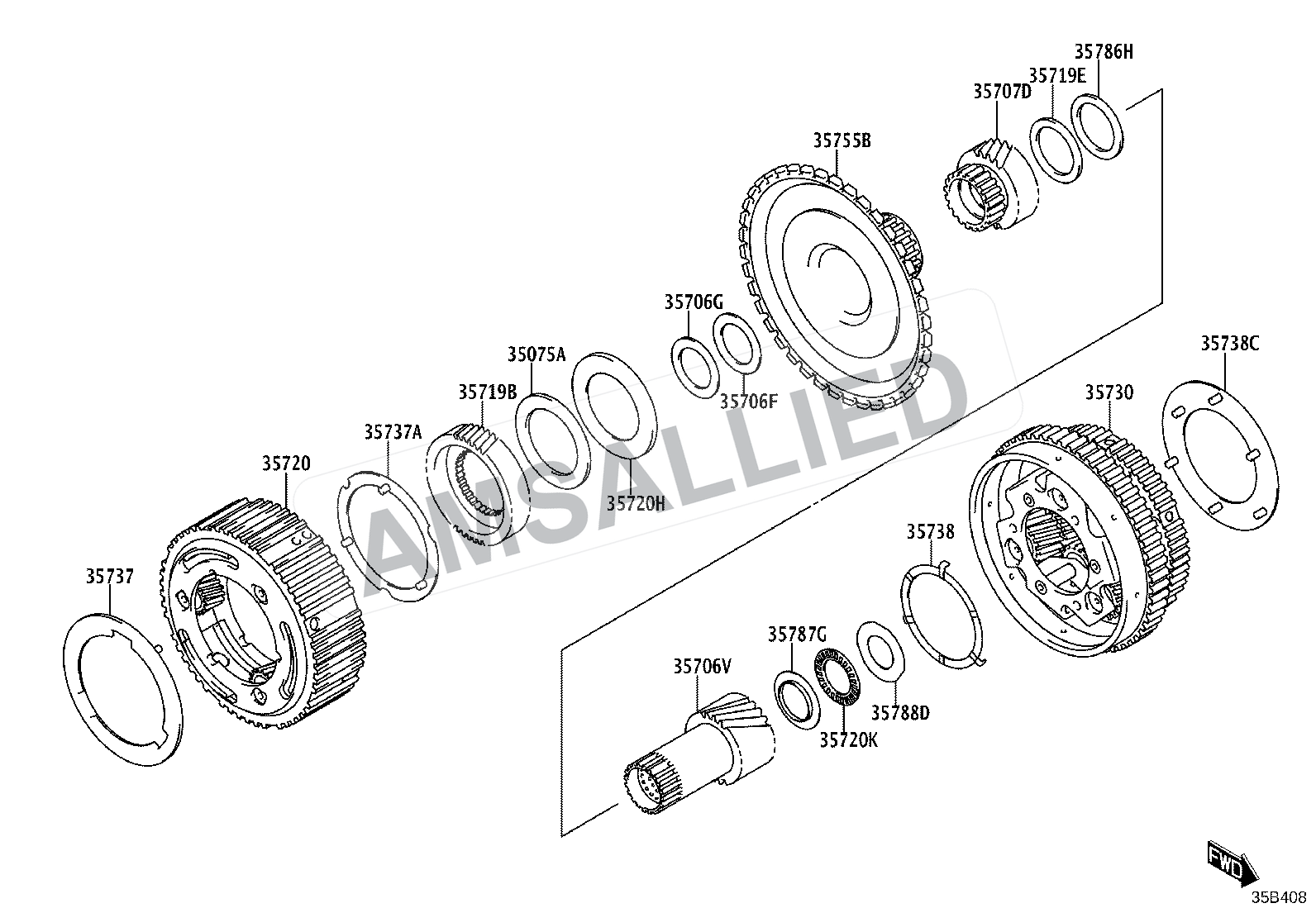 Toyota Rumion Planetary Gear, Reverse Piston & Counter Gear(atm) exploded parts diagram, figure 3510