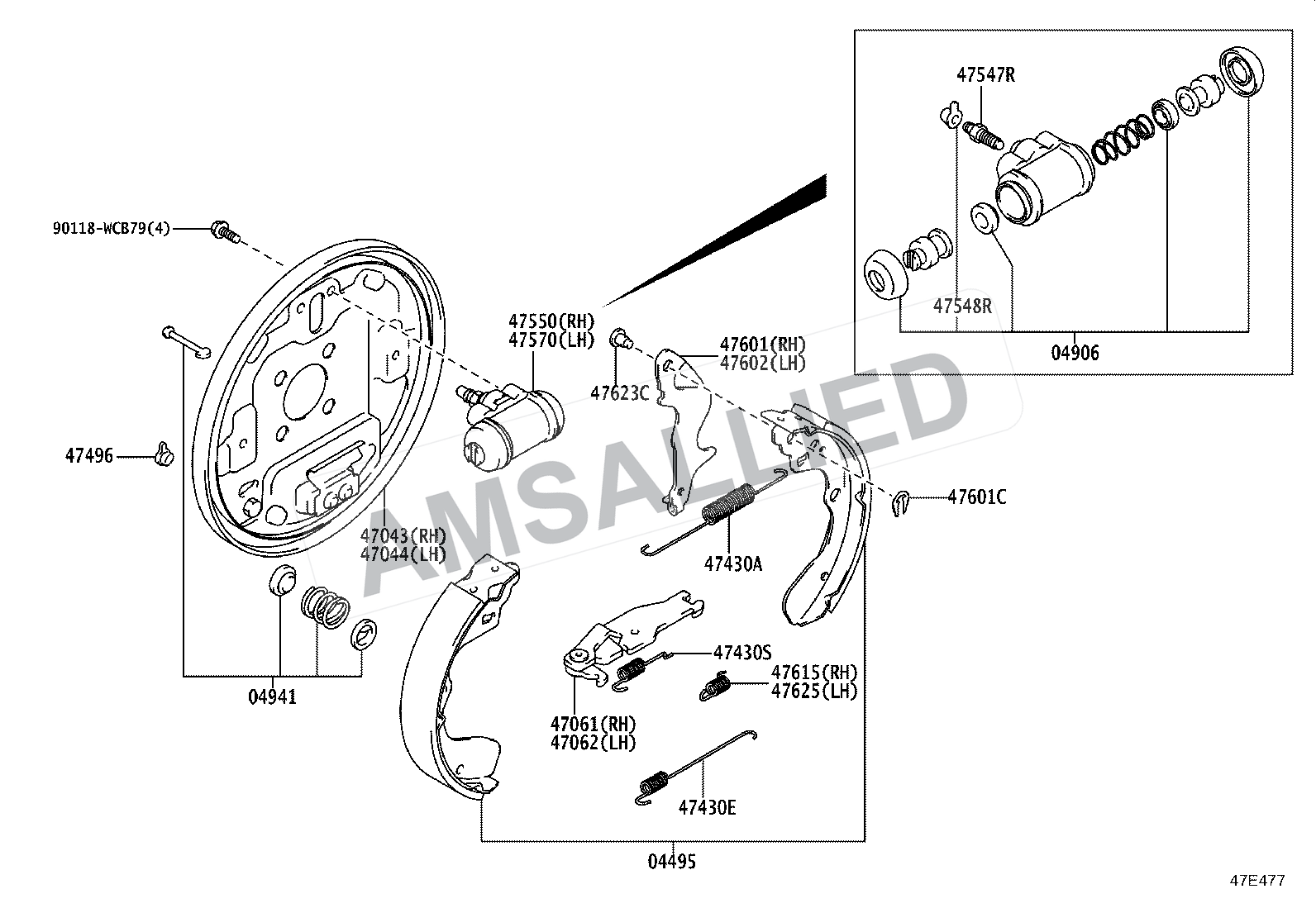 Toyota Rumion Rear Drum Brake Wheel Cylinder & Backing Plate exploded parts diagram, figure 4706