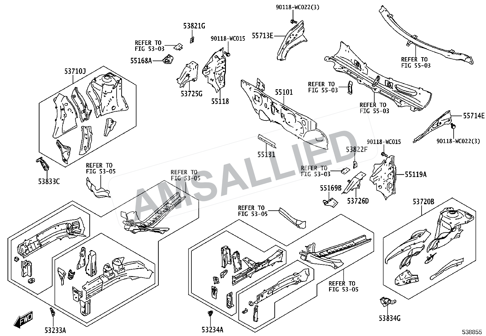 Toyota Rumion Front Fender Apron & Dash Panel exploded parts diagram, figure 5304