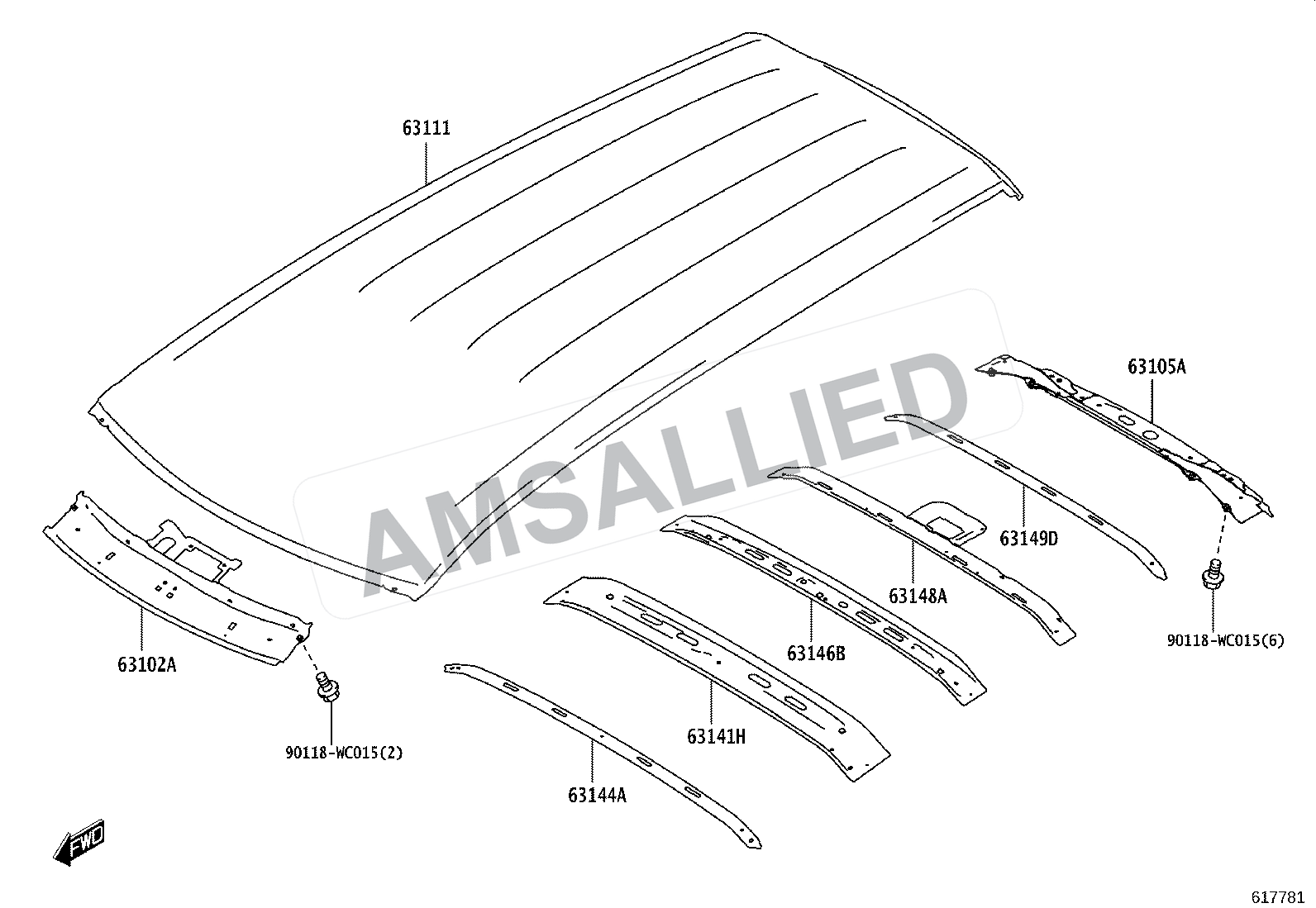 Toyota Rumion Roof Panel & Back Window Glass exploded parts diagram, figure 6104