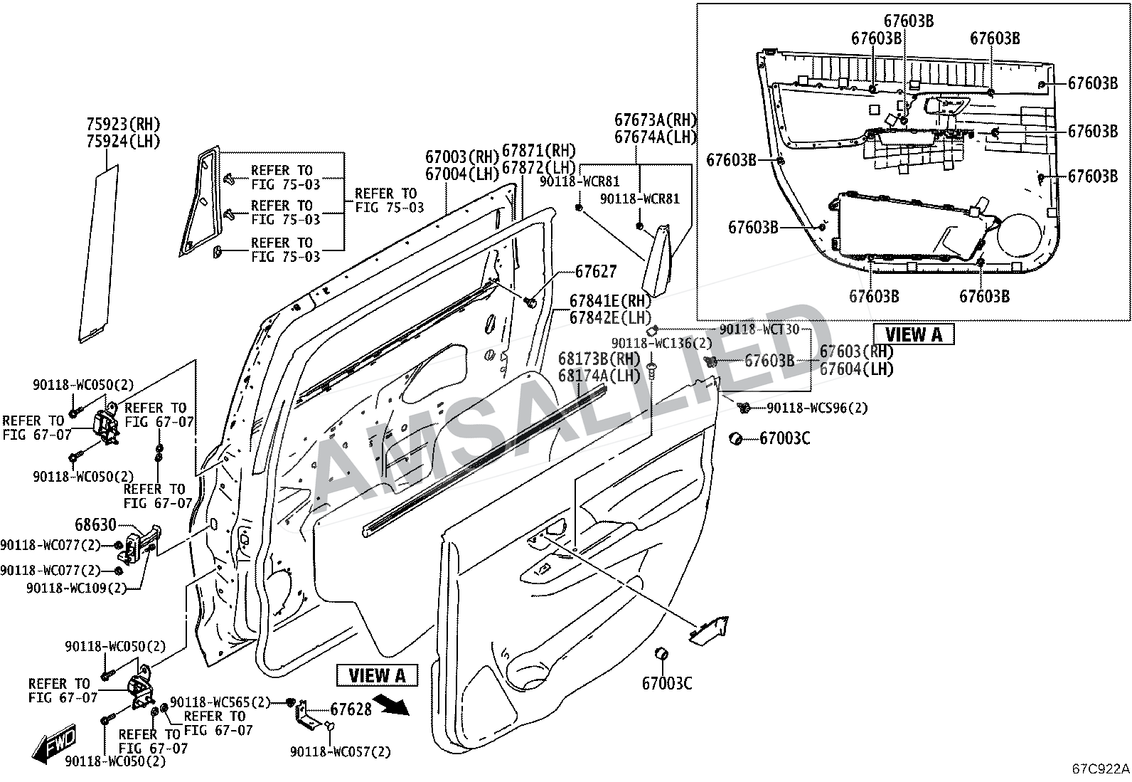 Toyota Rumion Rear Door Panel & Glass exploded parts diagram, figure 6705