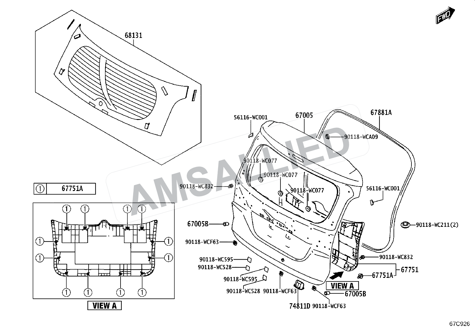 Toyota Rumion Back Door Panel & Glass exploded parts diagram, figure 6708