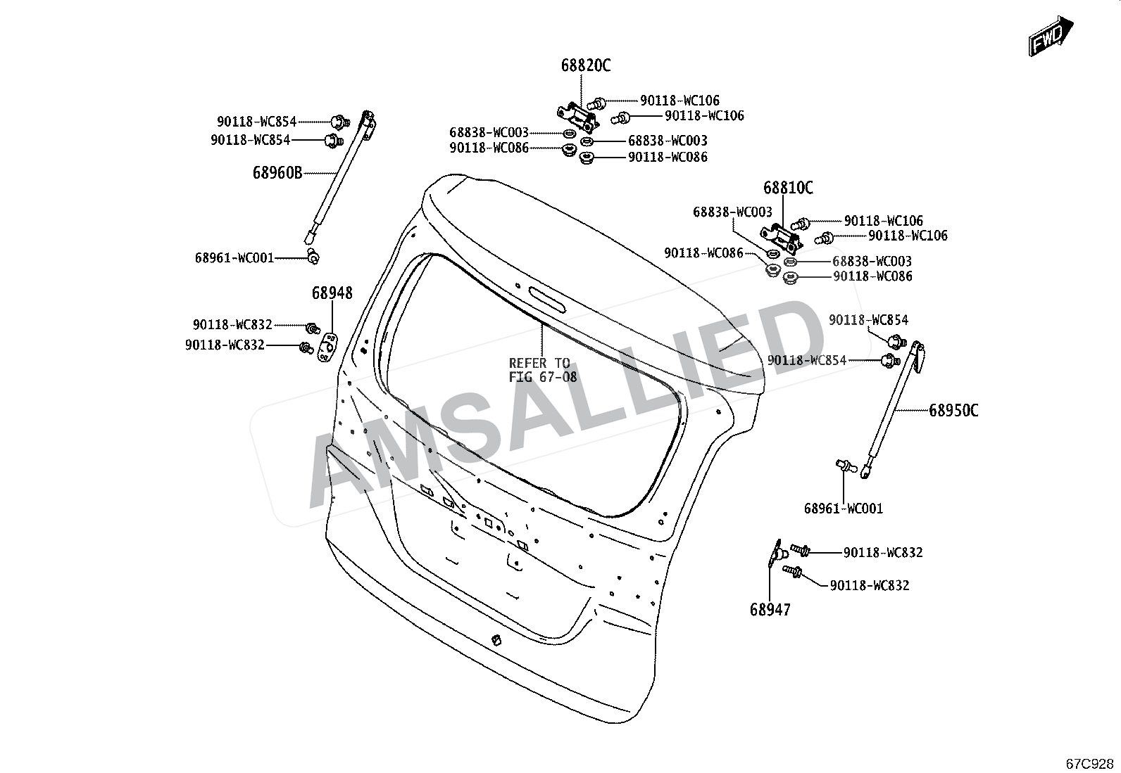 Toyota Rumion Back Door Lock & Handle exploded parts diagram, figure 6709