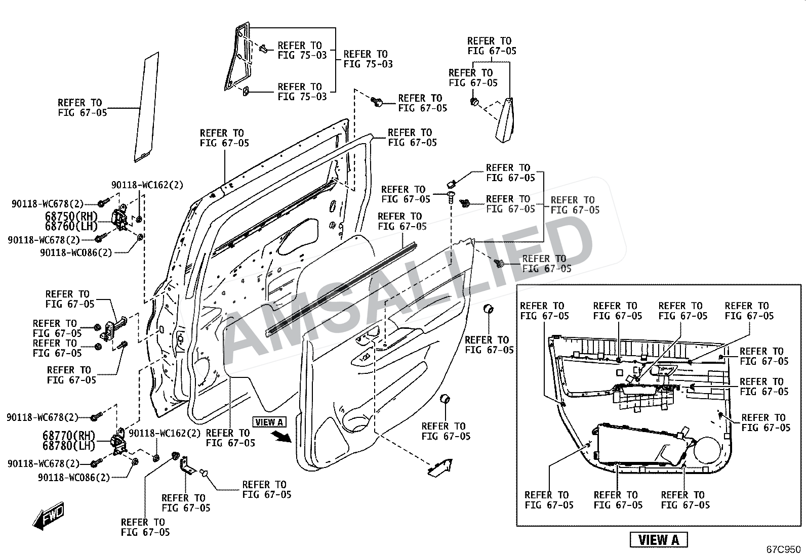 Toyota Rumion Rear Door Window Regulator & Hinge exploded parts diagram, figure 6707