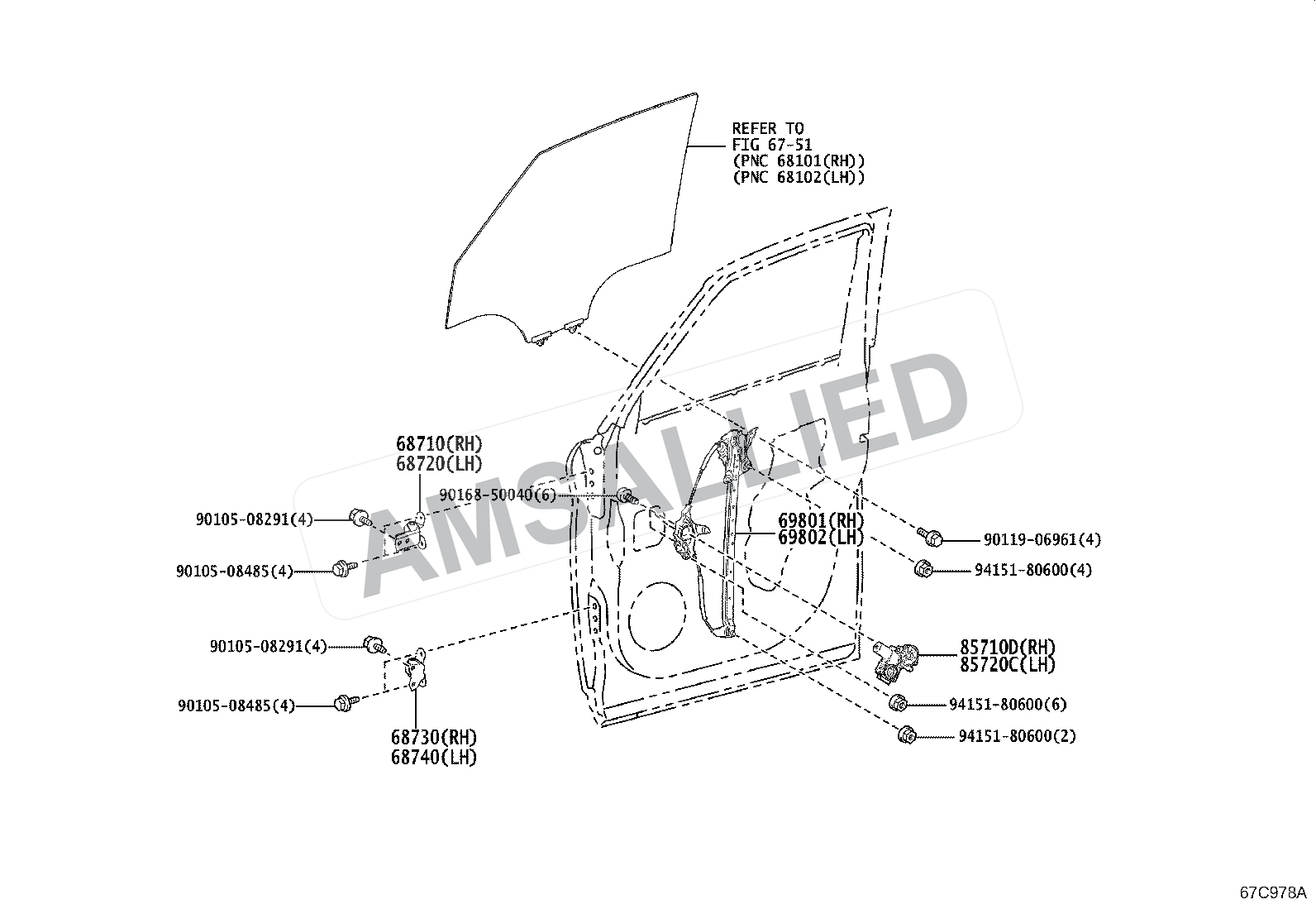 Toyota Rumion Front Door Window Regulator & Hinge exploded parts diagram, figure 6704