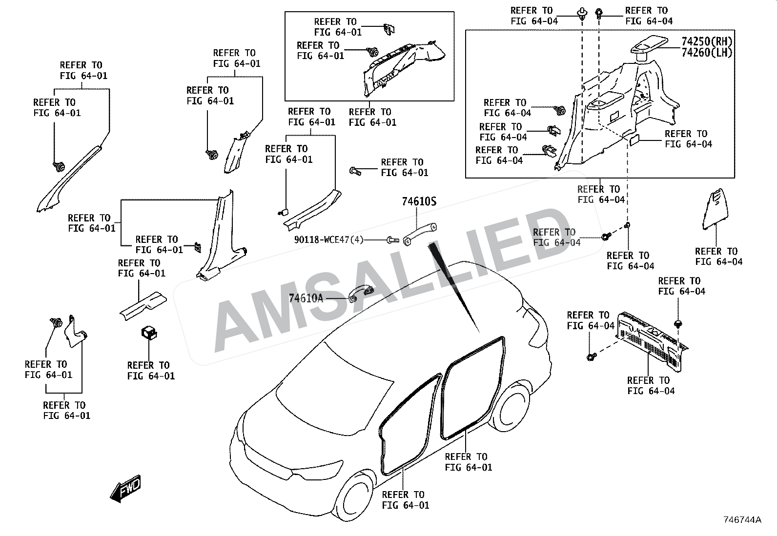 Toyota Rumion Armrest & Visor exploded parts diagram, figure 7401