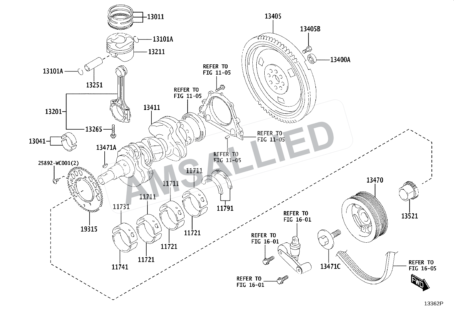 Toyota Taisor Crankshaft & Piston exploded parts diagram, figure 1301