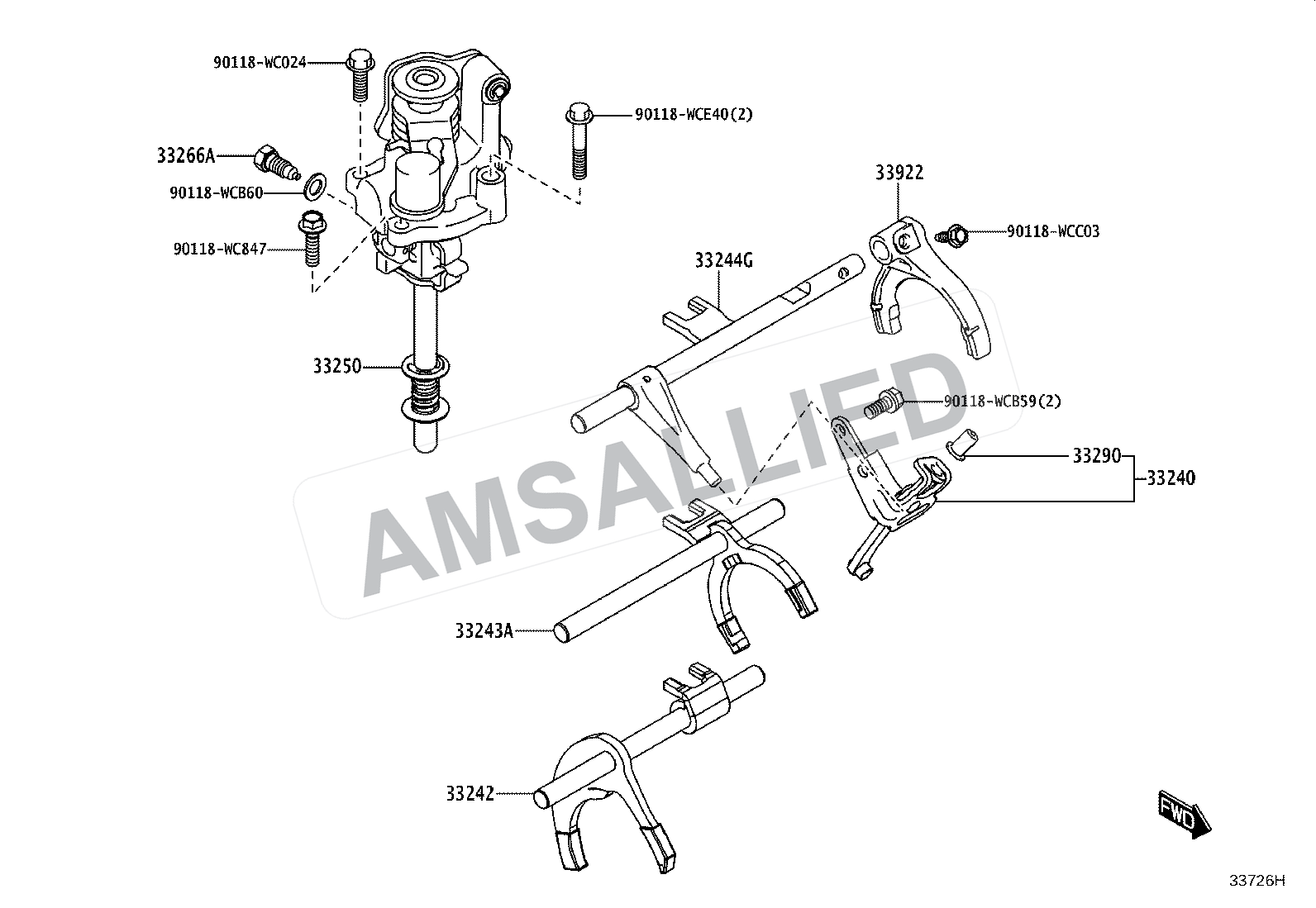 Toyota Taisor Gear Shift Fork & Lever Shaft (mtm) exploded parts diagram, figure 3307
