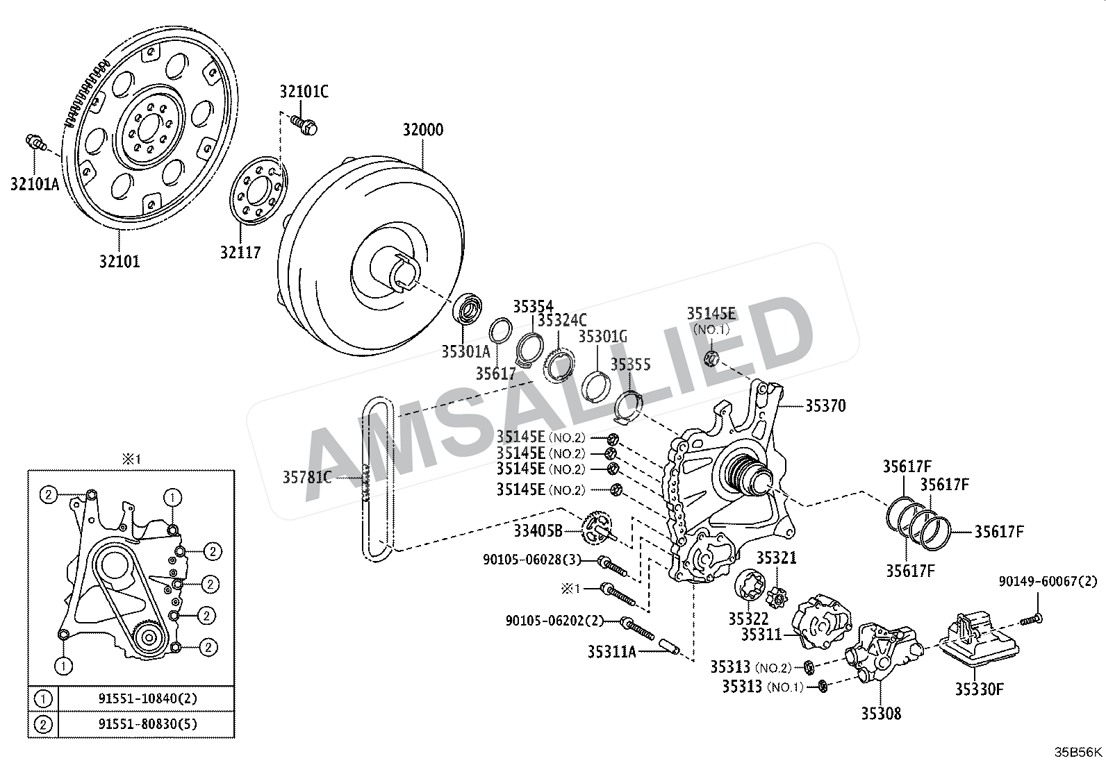 Toyota Taisor Torque Converter, Front Oil Pump & Chain (atm) exploded parts diagram, figure 3502