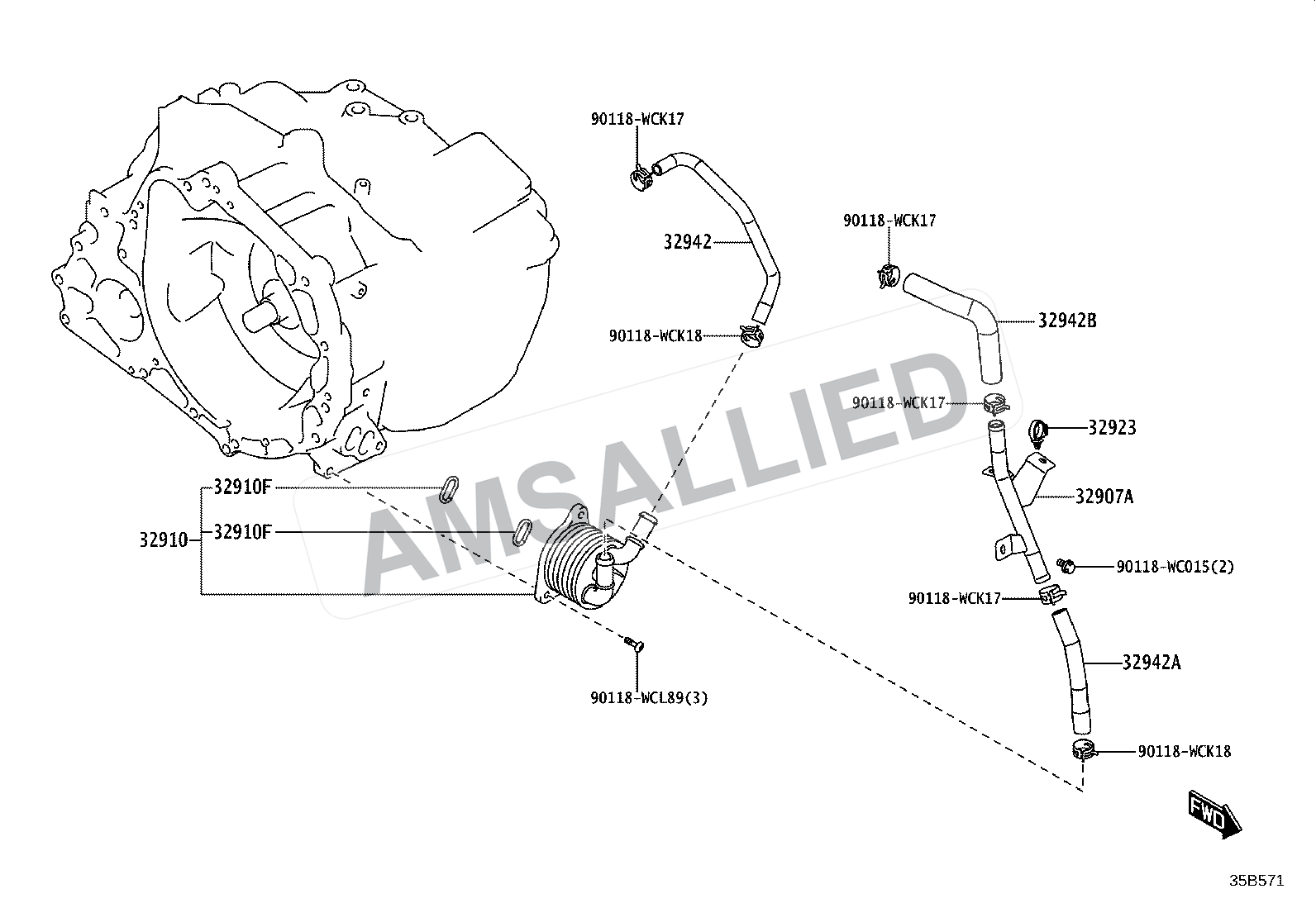Toyota Taisor Oil Cooler & Tube (atm) exploded parts diagram, figure 3514