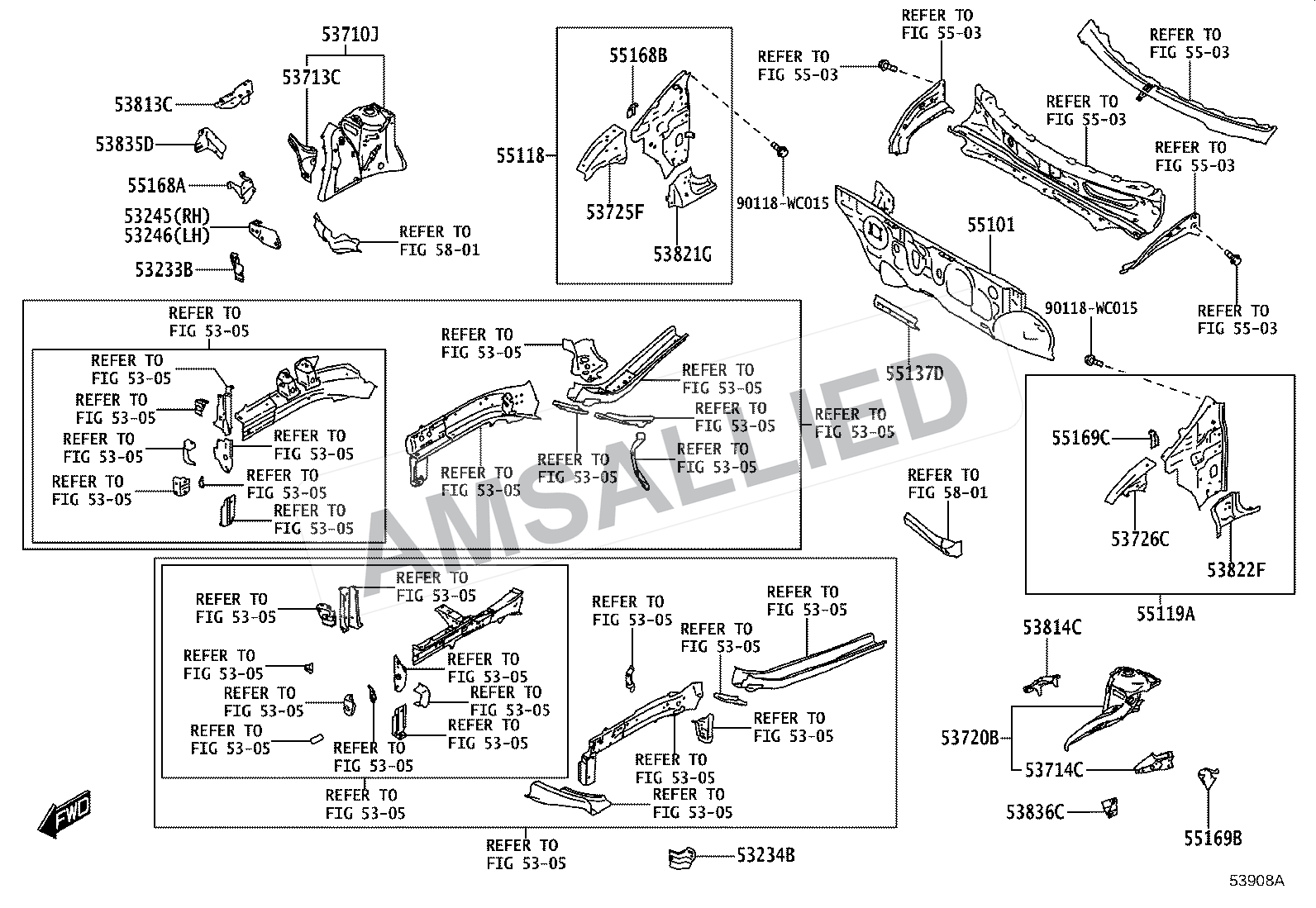 Toyota Taisor Front Fender Apron & Dash Panel exploded parts diagram, figure 5304