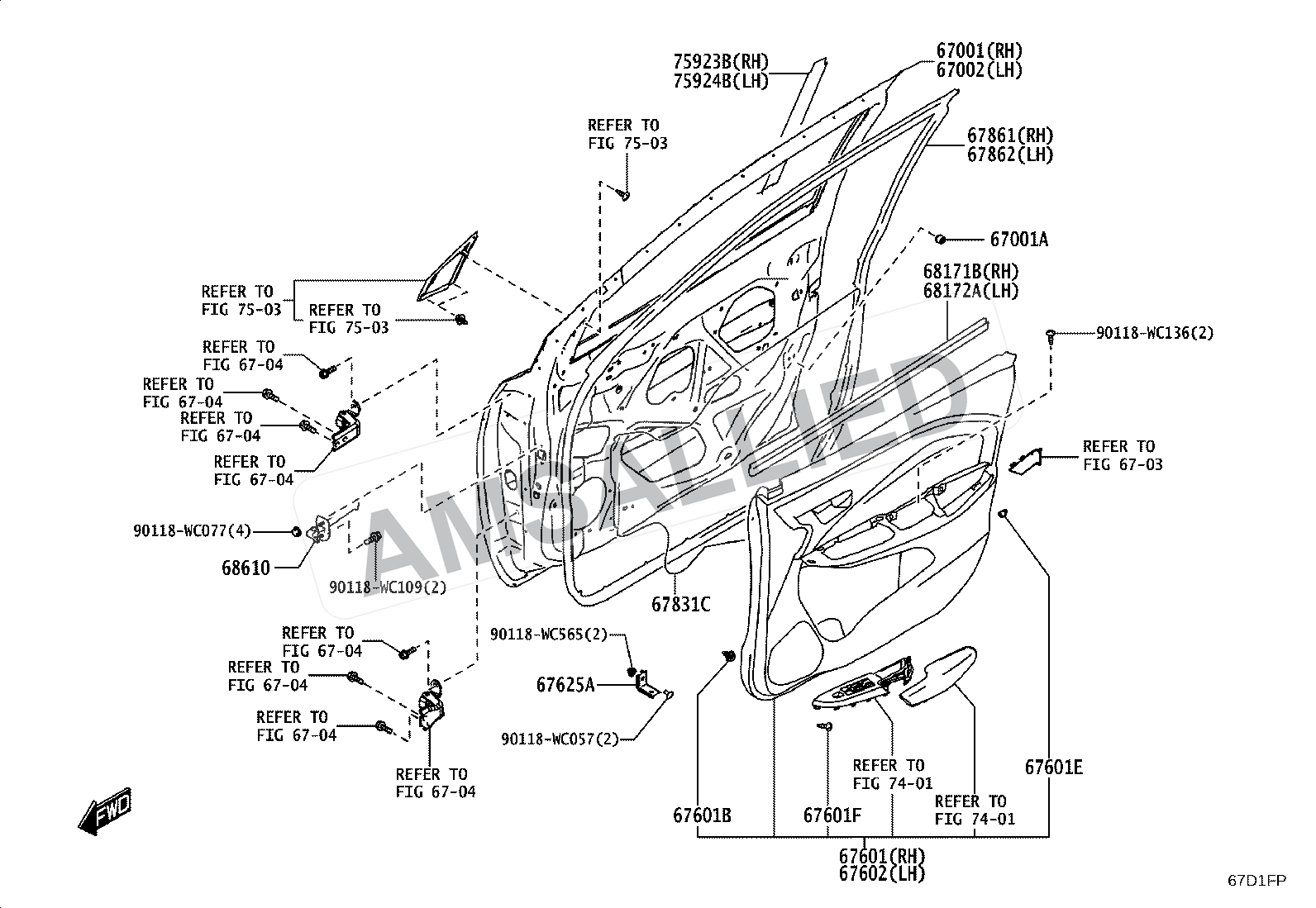 Toyota Taisor Front Door Panel & Glass exploded parts diagram, figure 6701