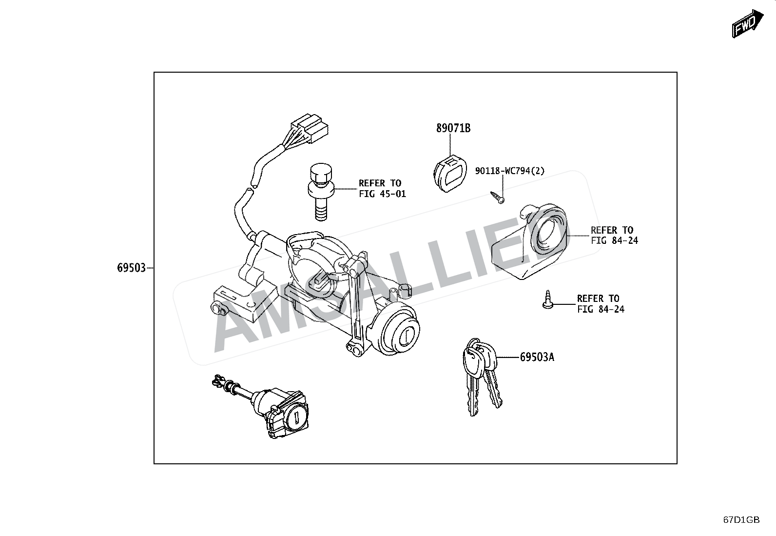 Toyota Taisor Lock Cylinder Set exploded parts diagram, figure 6712
