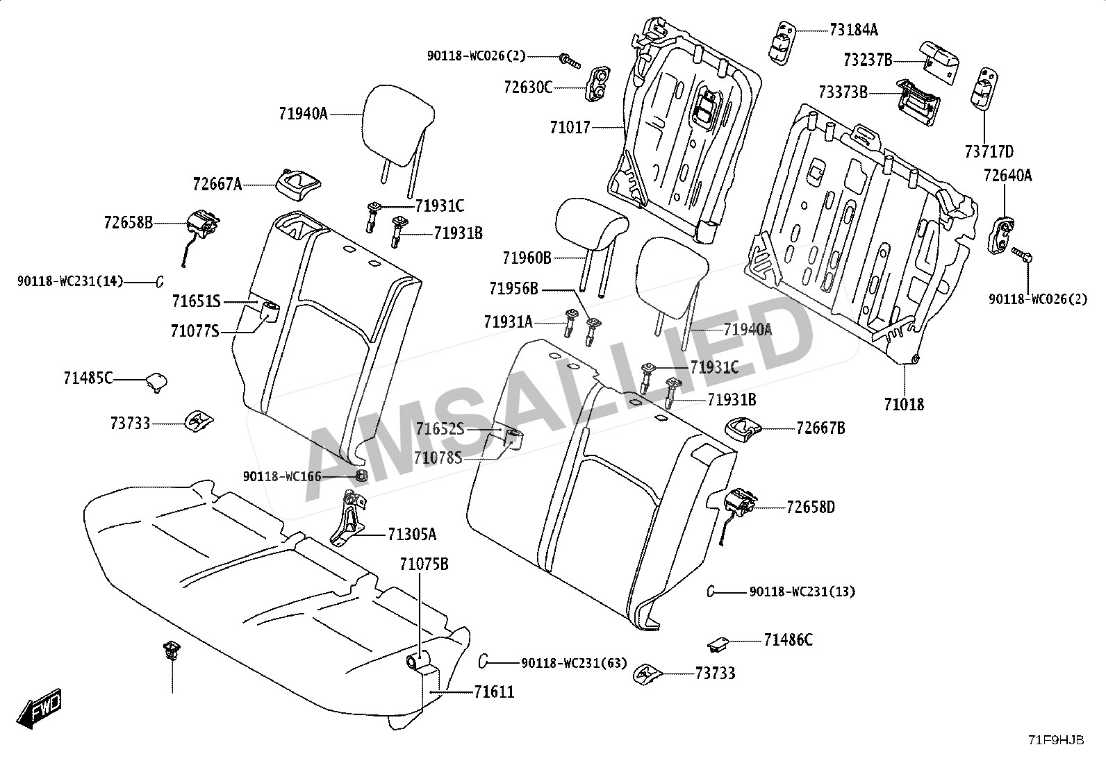 Toyota Taisor Rear Seat & Seat Track exploded parts diagram, figure 7102