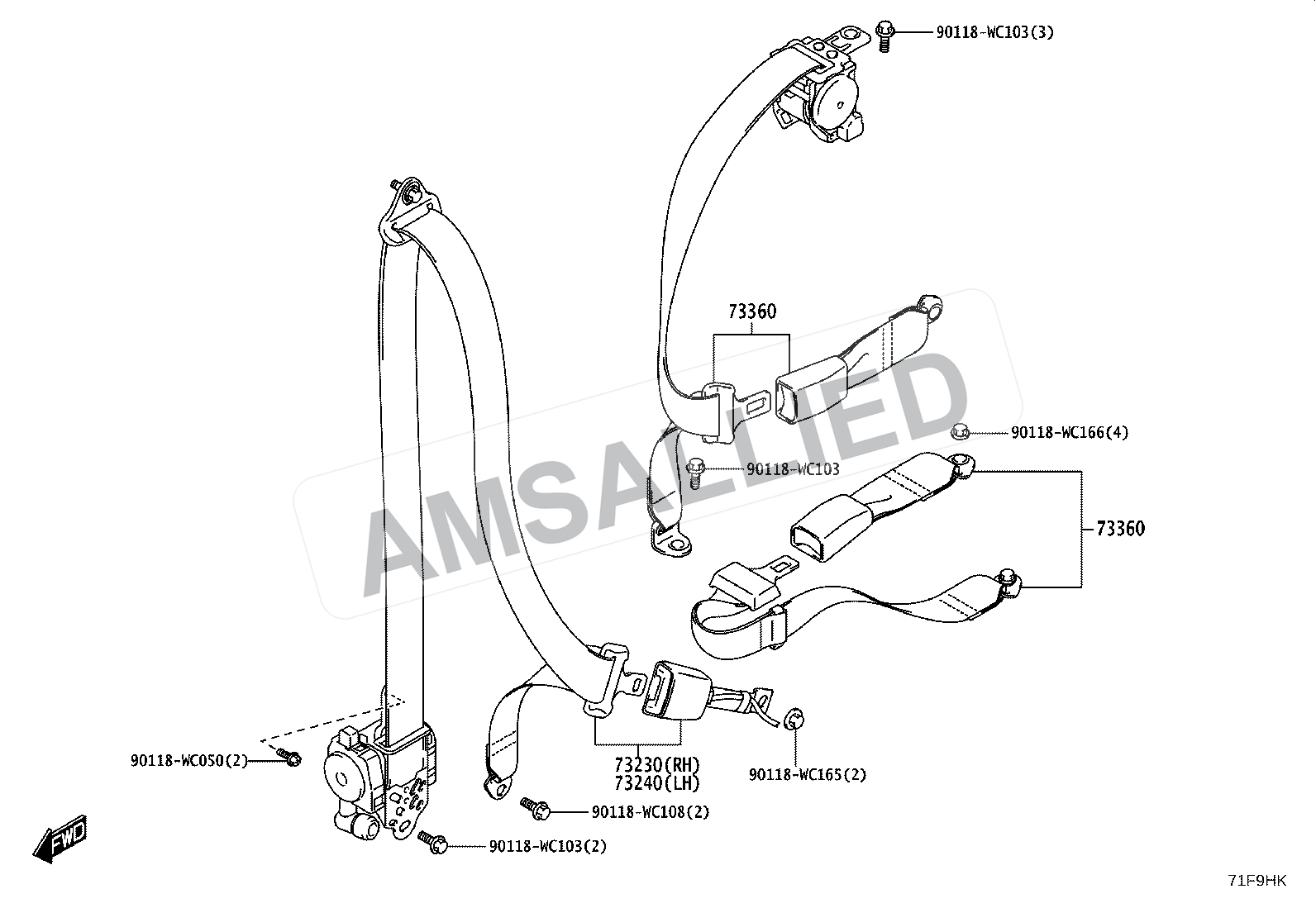 Toyota Taisor Seat Belt & Child Restraint Seat exploded parts diagram, figure 7104
