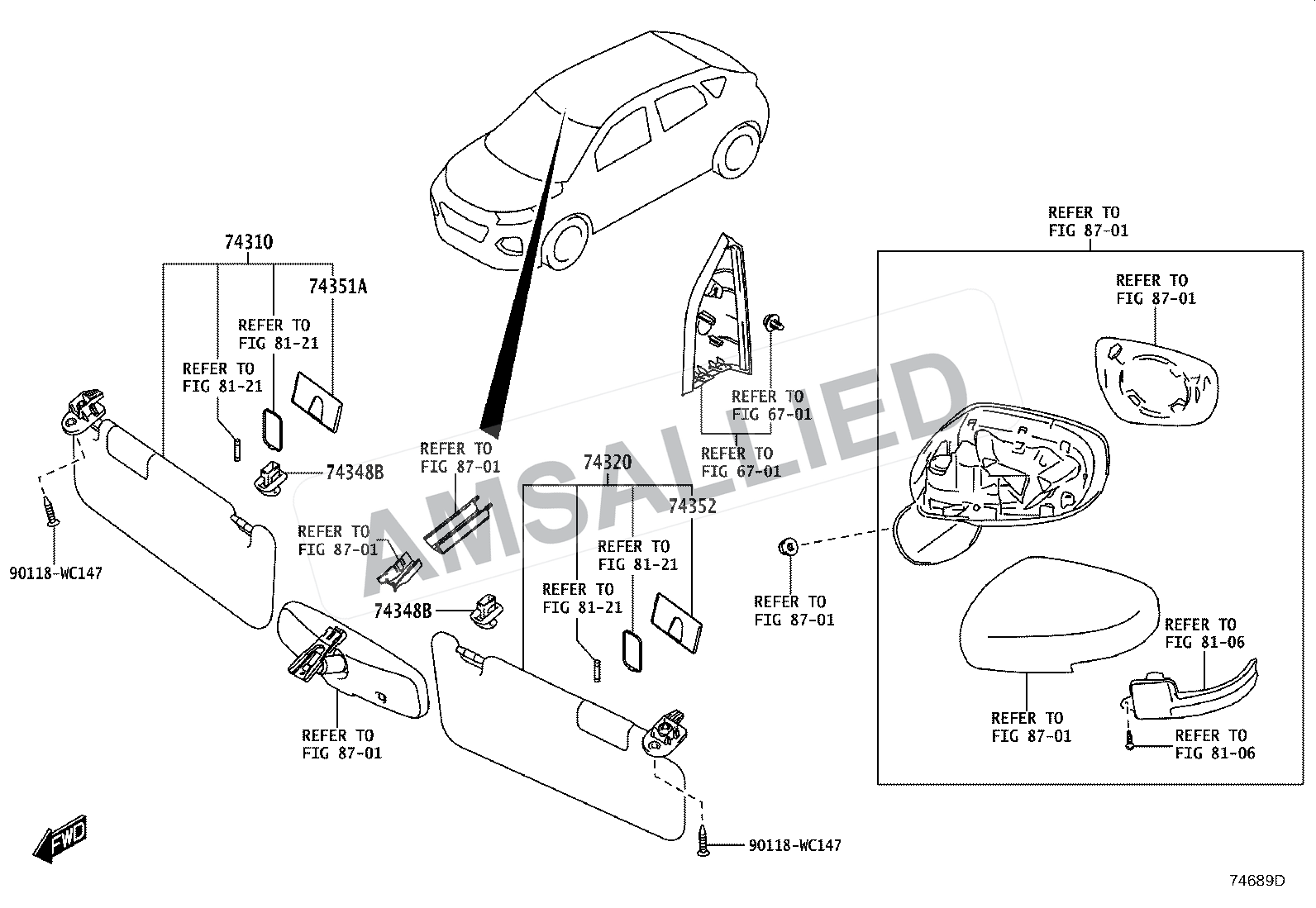 Toyota Taisor Armrest & Visor exploded parts diagram, figure 7401