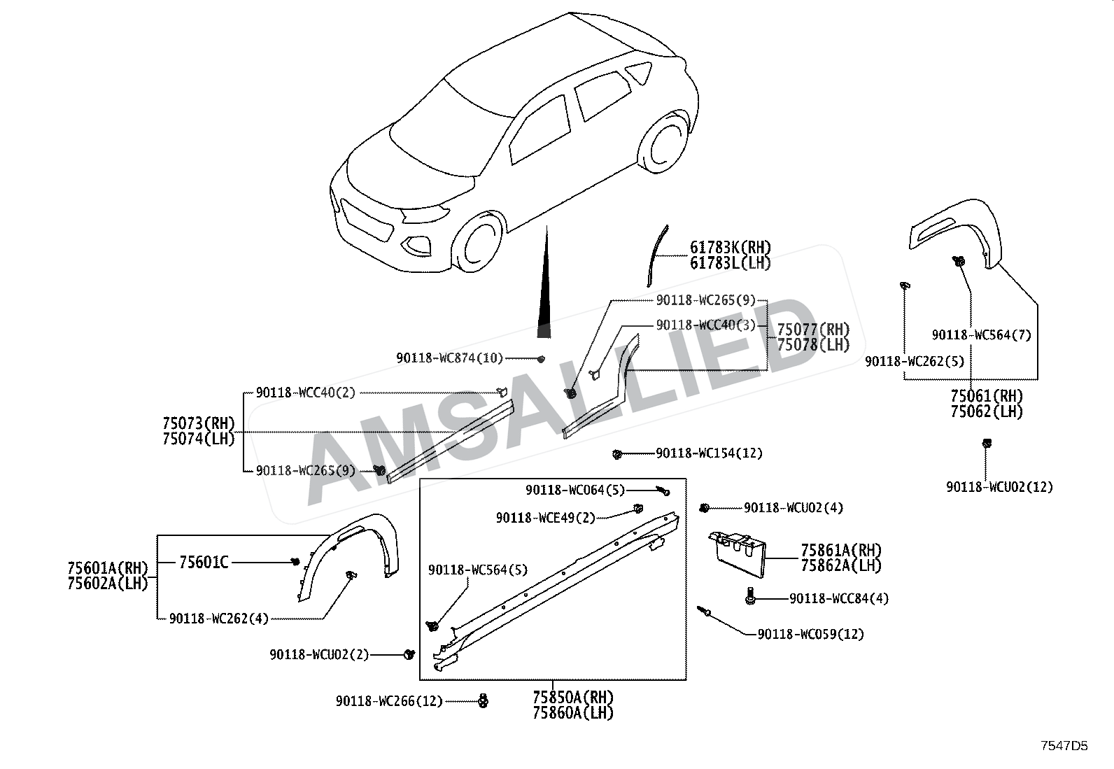 Toyota Taisor Side Moulding exploded parts diagram, figure 7503