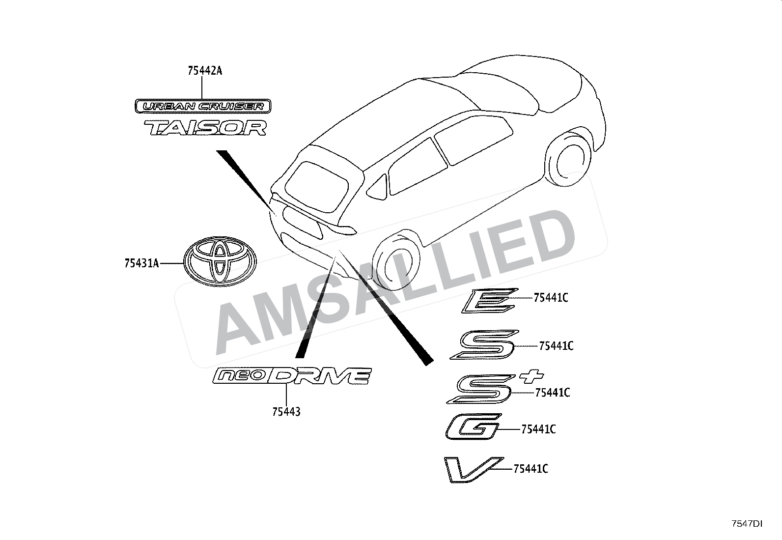 Toyota Taisor Emblem & Name Plate (exterior & Interior) exploded parts diagram, figure 7501